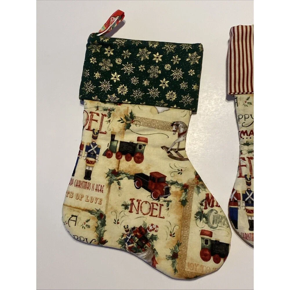 Handmade Christmas Stockings 12” Lot Of 2 Train Soldier Rocking Horse Holly